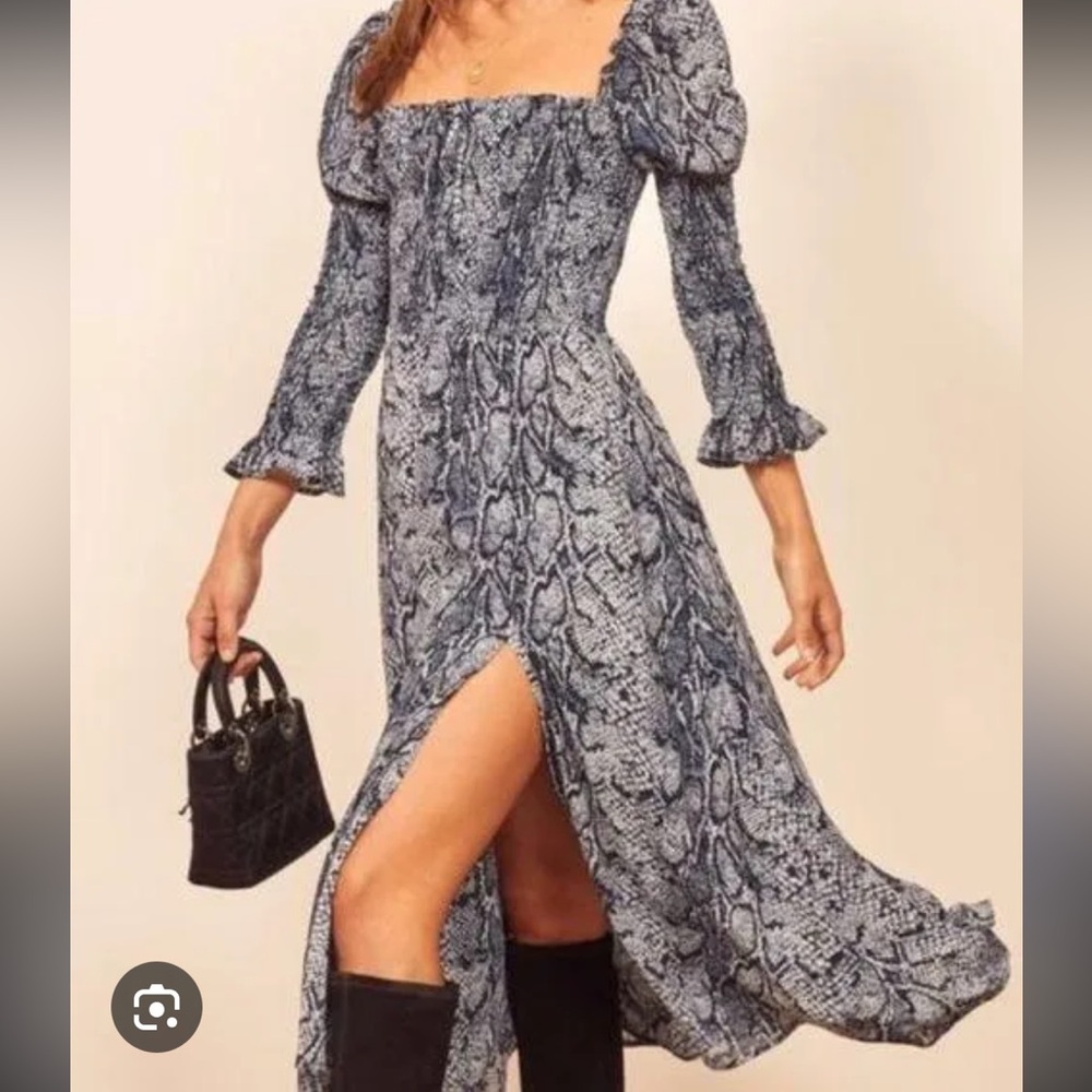 Reformation Rosamund Serpent Blue Snakeskin Midi Dress - Short Sleeve Version